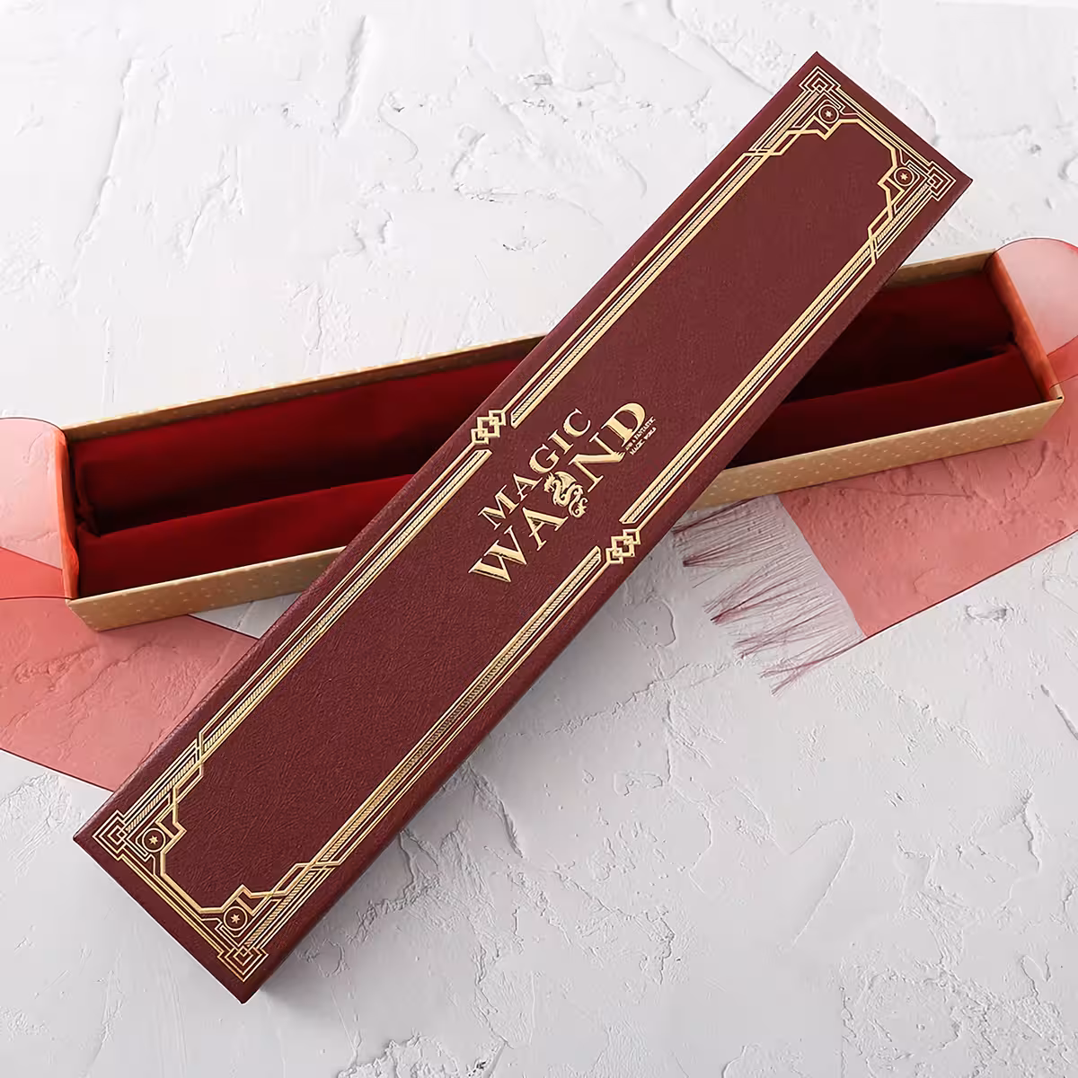 Hermione wand replica with red velvet stand, perfect as gift