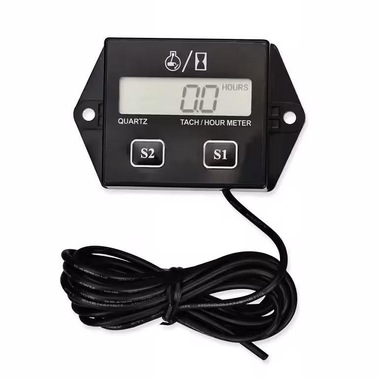 Mini digital tachometer fitted to a 2-stroke petrol engine