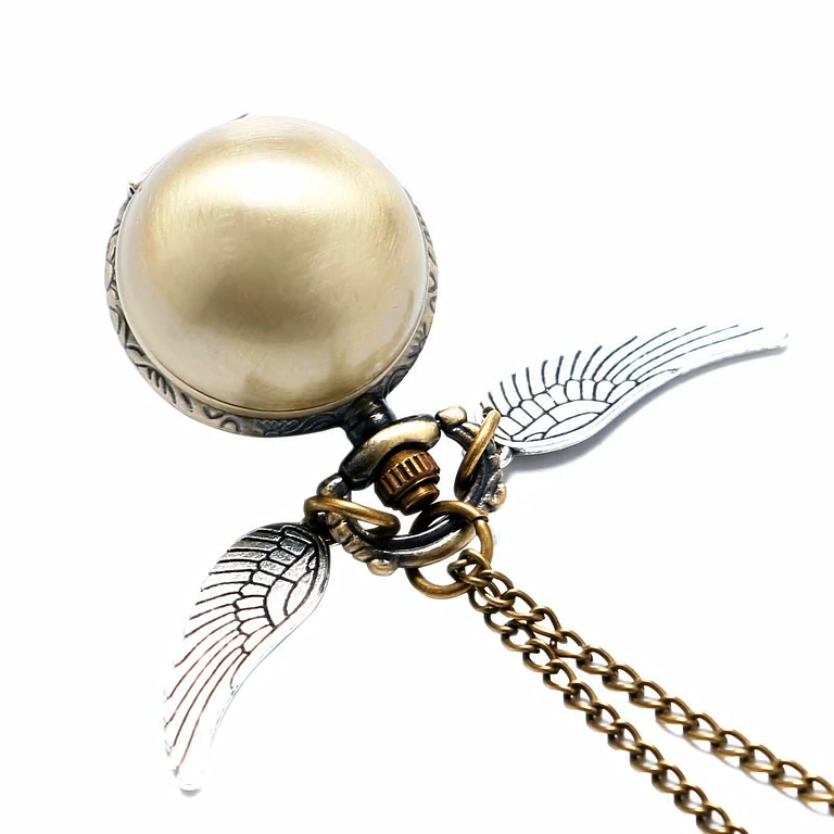 Gold pendant watch with chain and wings, Harry Potter Snitch design
