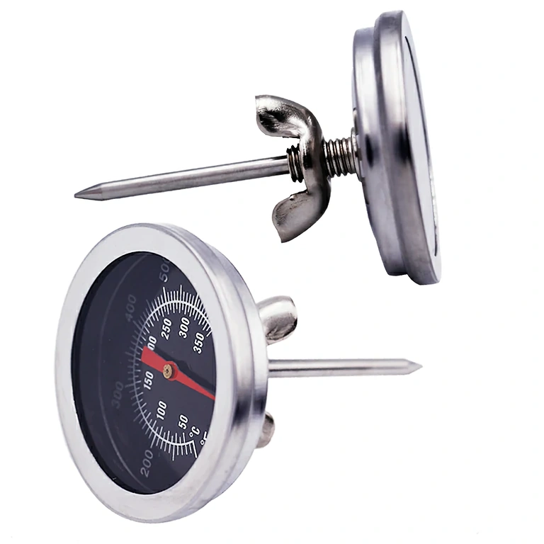 Universal thermometer for grill lid with secure attachment and clear dial