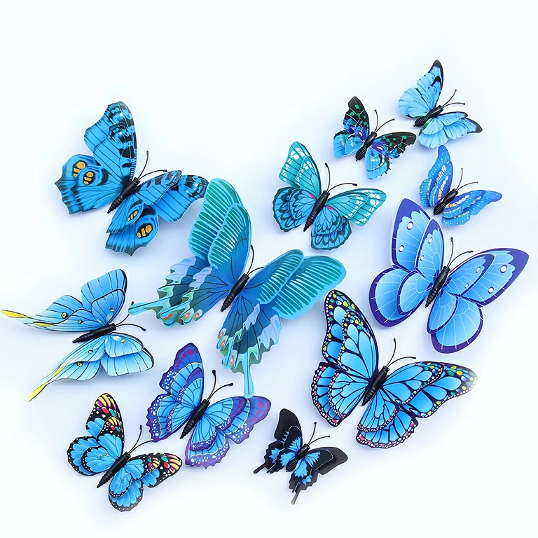Set of 12 colorful 3D butterflies for interior decor with natural effect