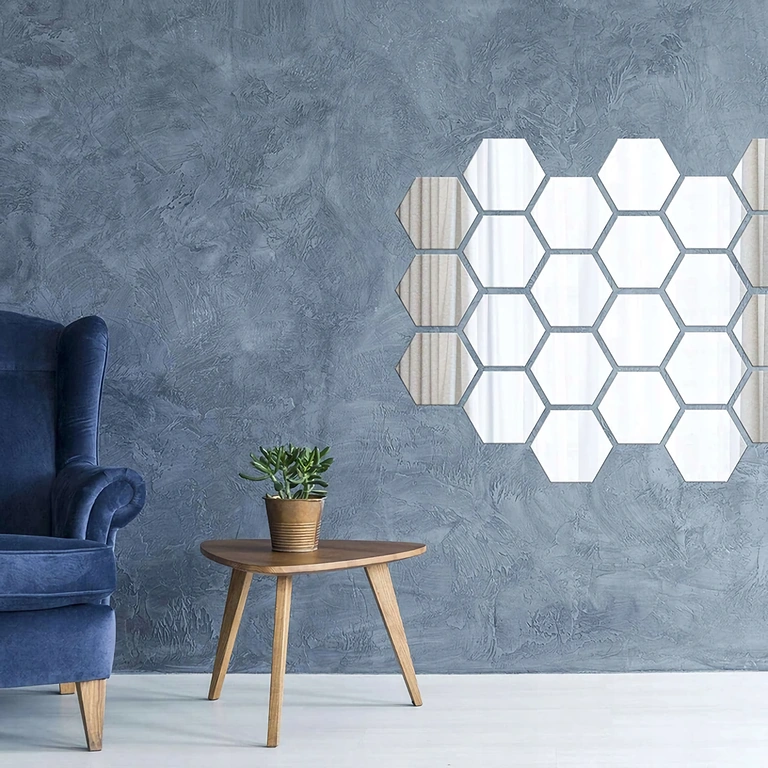 Silver self-adhesive hexagon mirrors for wall decoration