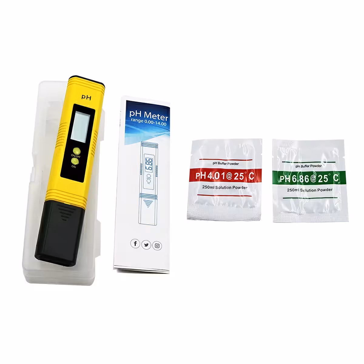Automatic pH tester with calibration solutions and LCD screen