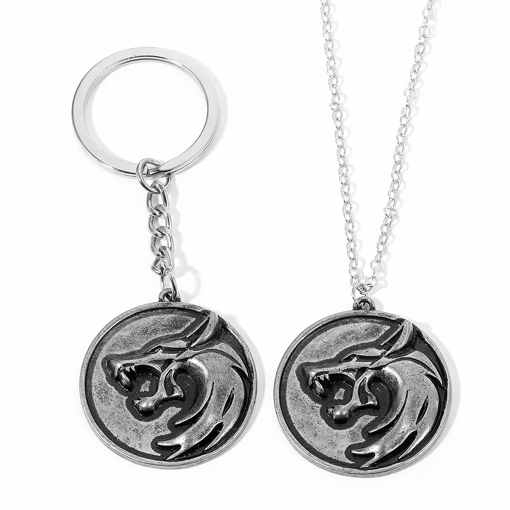 The Witcher Necklace and Keychain Set – Antiqued Silver Wolf Head Pendant, Fan Gift