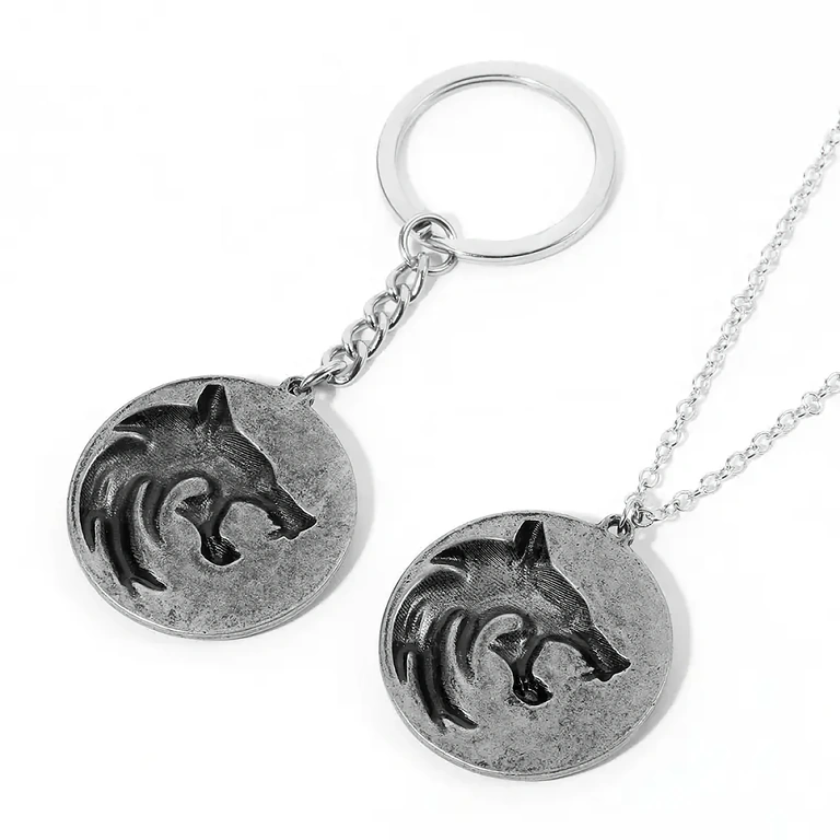 Silver Wolf Head medallion set – The Witcher Silver pendants with The Witcher wolf symbol – necklace + keychain