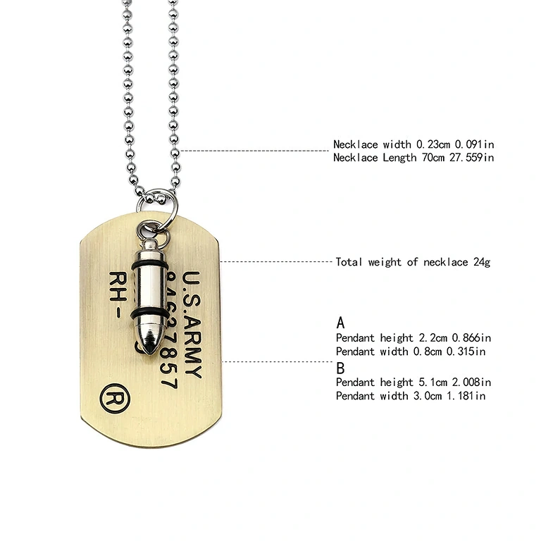 Tactical necklace inspired by military gear, with dog tag and bullet