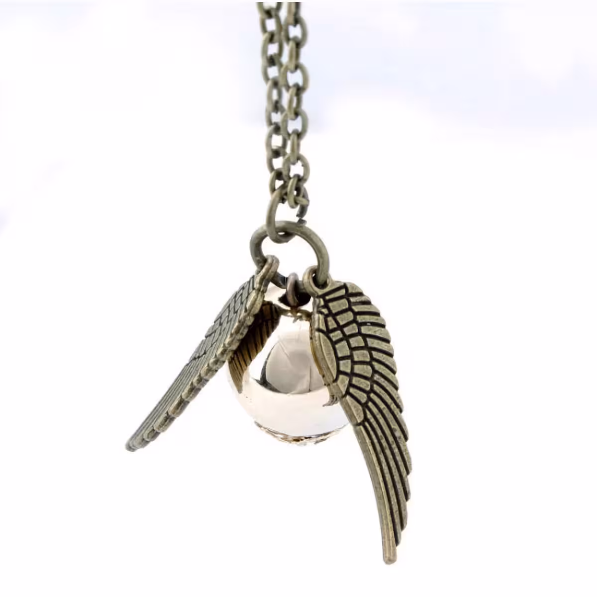 Fantasy-themed necklace with golden Snitch and stylized wings