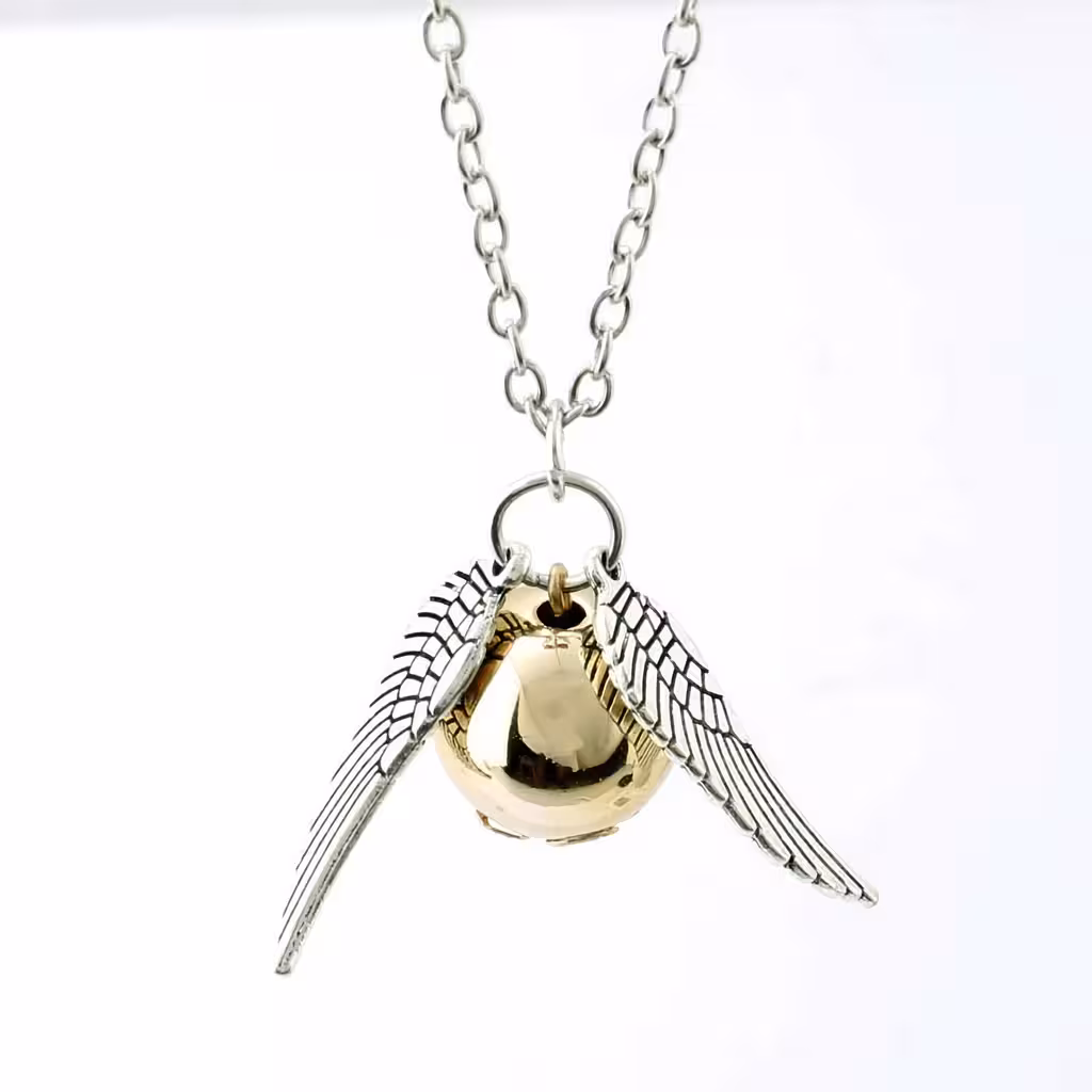 Harry Potter Golden Snitch Quidditch Pendant Necklace with Angel Wing – Gift for Magic Fans