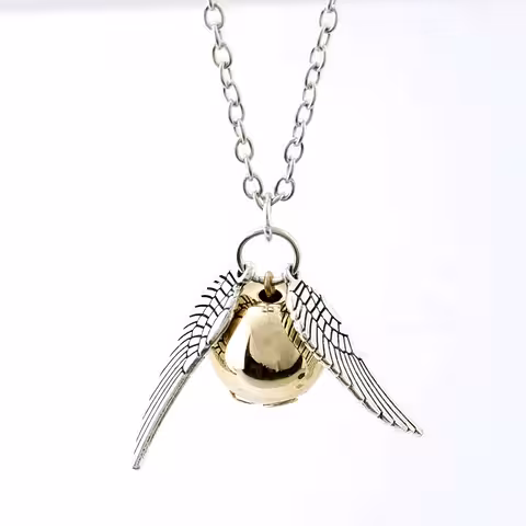 Harry Potter Golden Snitch Quidditch Pendant Necklace with Angel Wing – Gift for Magic Fans