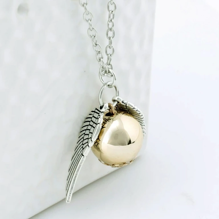 Magic Snitch necklace – Hogwarts style Fantasy Snitch pendant with golden details and long chain