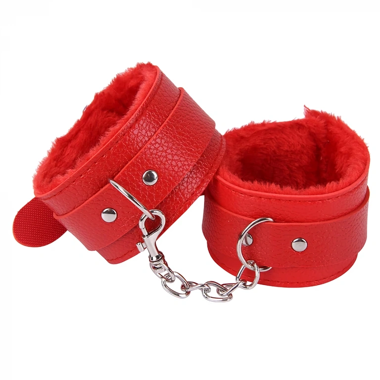 Pink fluffy handcuffs with chain, erotic accessories for couples