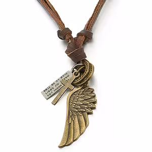 Leather Necklace with Angel Wing and Cross Pendant for Men – Adjustable Length 40–80 cm