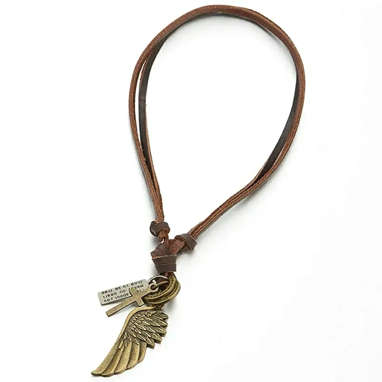 Leather chain with angel wing pendant for men