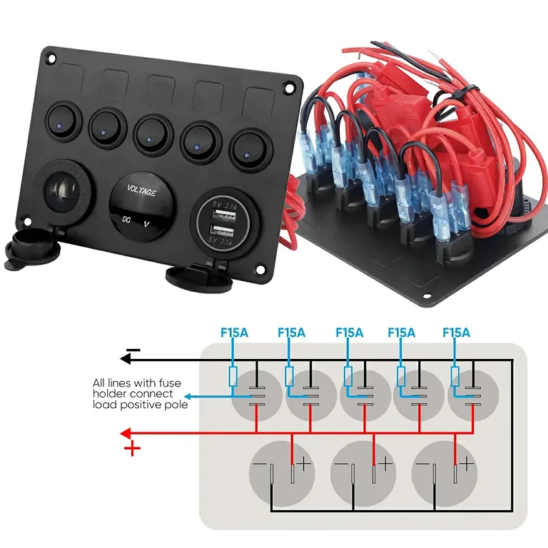 Car panel with 12V cigarette lighter socket and switches Car panel with 12V socket, on/off switches, and voltmeter for cars and other vehicles