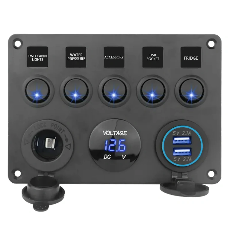 Car panel with 5 buttons and digital voltmeter Car panel with digital voltmeter and 5 LED on/off switches, for controlling electrical equipment