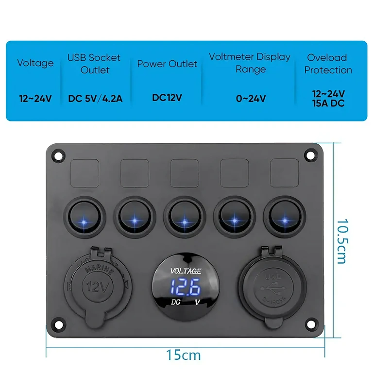 Car switch panel with USB charger and blue LED Panel with on/off switches with LED, dual USB charger, and voltmeter, ideal for cars and machinery