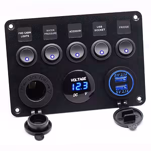 Car Switch Panel with 5 ON/OFF Buttons, Voltmeter, Socket, and USB Charger – 12V/24V, IP65 Resistant