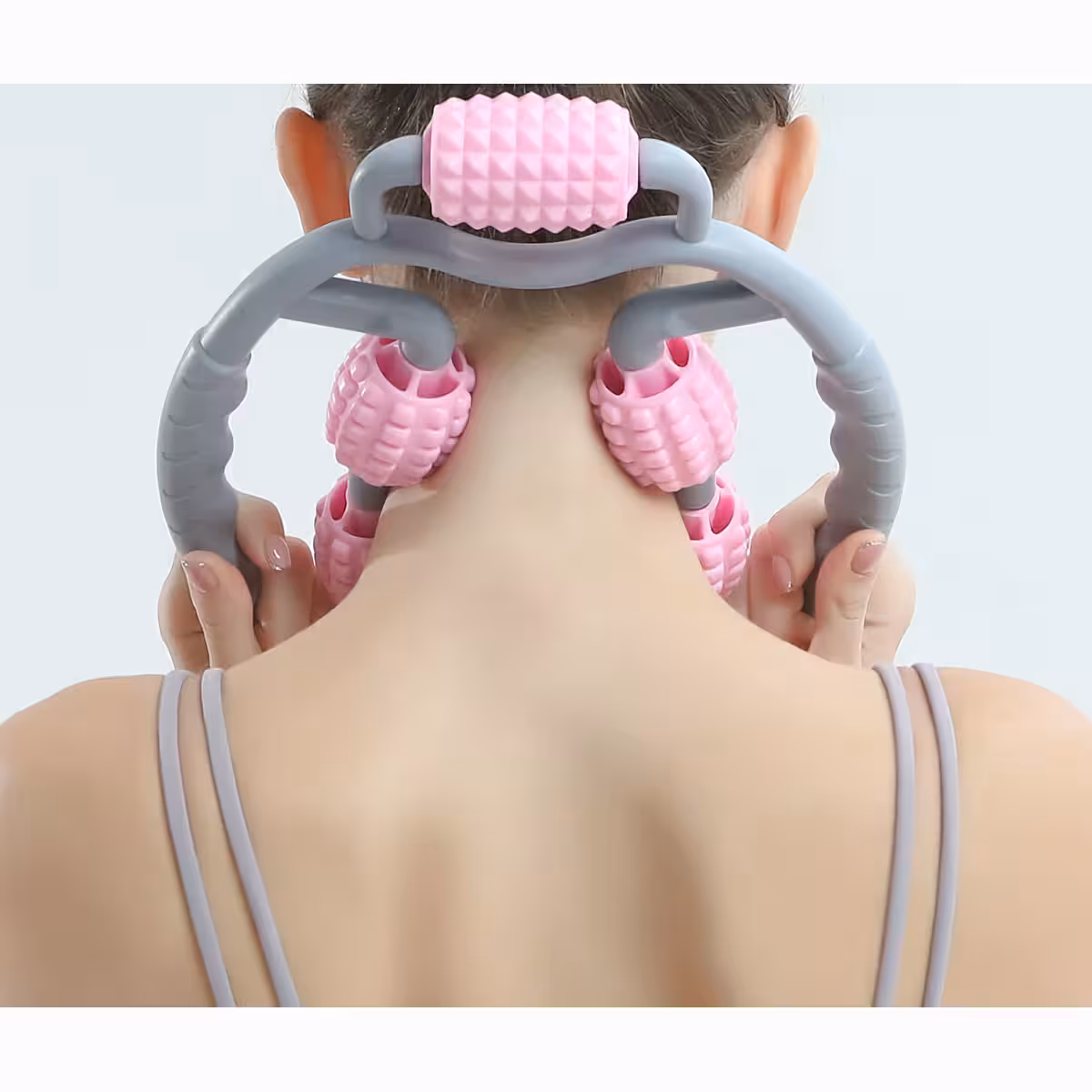 Multi-zone massage device: shoulders, neck, legs with 5 silicon rollers
