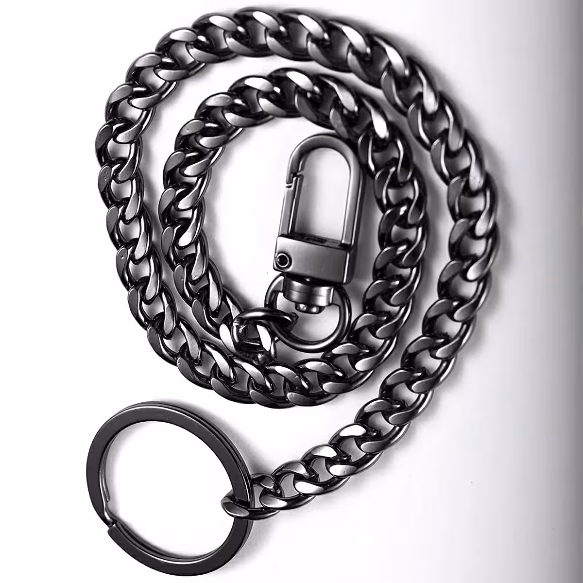 Motorcycle-style pants chain, black and silver, with keyring