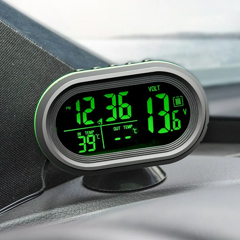 Car clock with digital voltmeter and temperature sensor