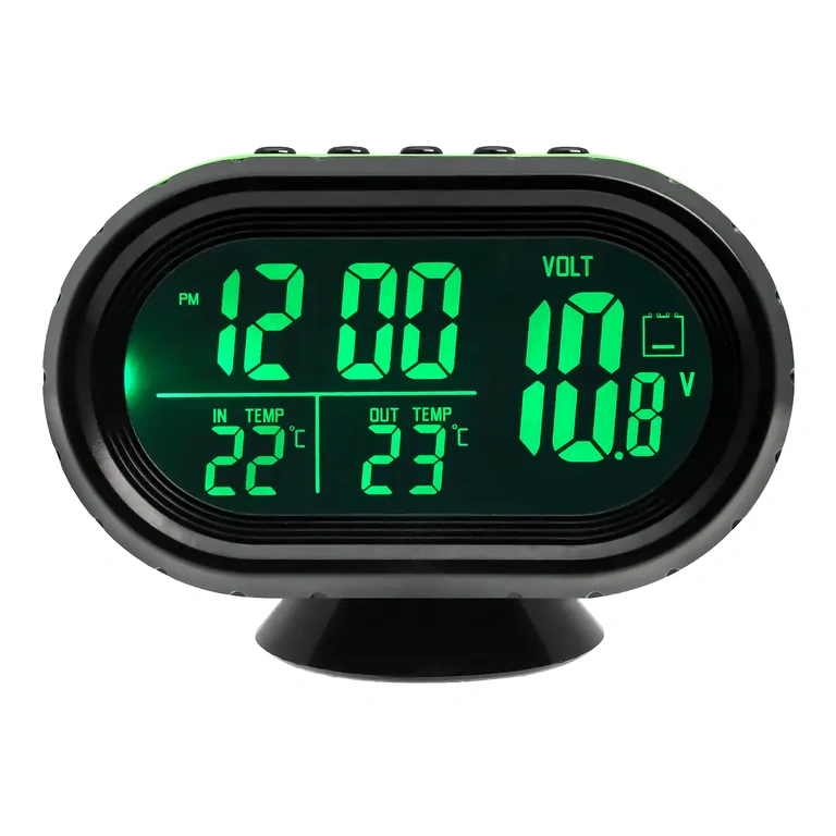 Multifunction car clock with voltmeter and digital thermometer