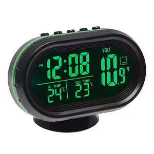 Car Clock with Digital Voltmeter and Thermometer – Interior/Exterior, Probe Included, 12V/24V