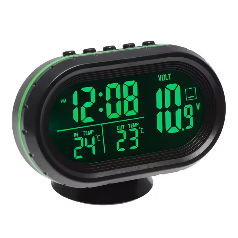 Car Clock with Digital Voltmeter and Thermometer – Interior/Exterior, Probe Included, 12V/24V