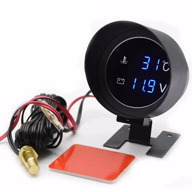 Digital Water Temperature Gauge with Probe and Voltmeter – Car, Tractor, 12V/24V