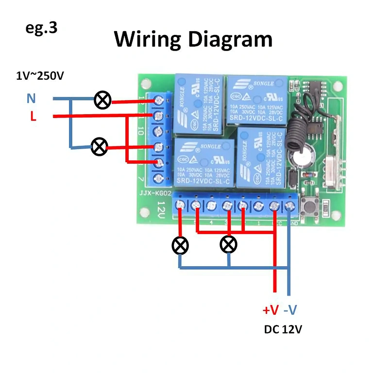 4-channel relay remote mounting Wiring diagram for remote and 4-channel relay module