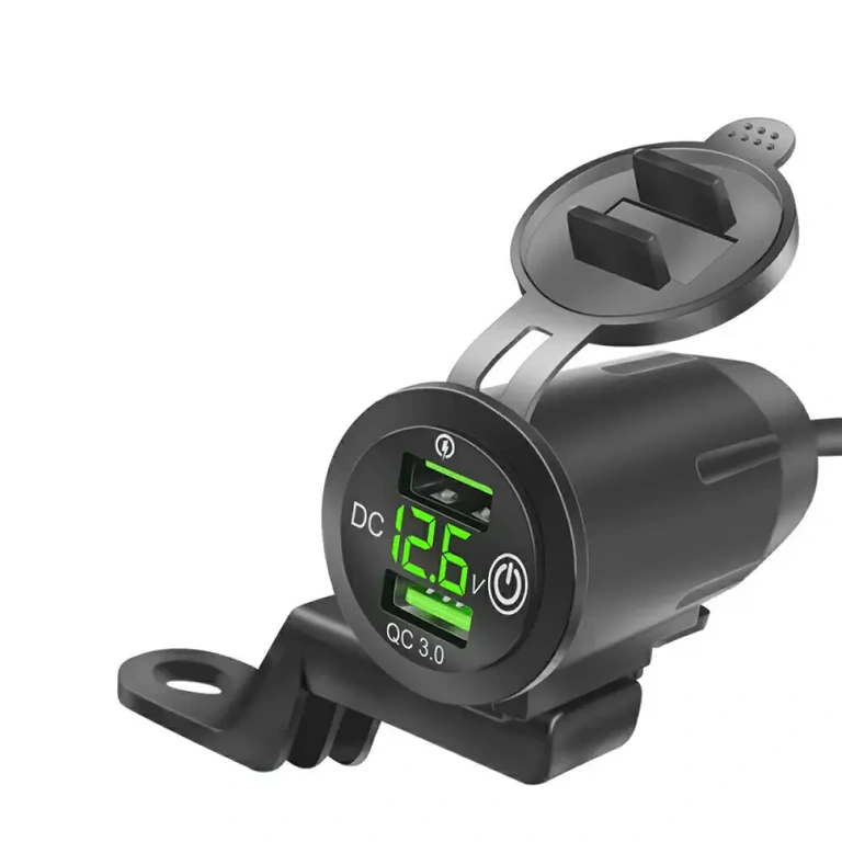 Motorcycle charger with fast charging and LED voltmeter display