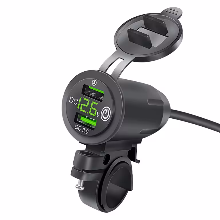 USB Phone Charger with Voltmeter, QC 3.0 – Motorcycle Socket, Fast Charging