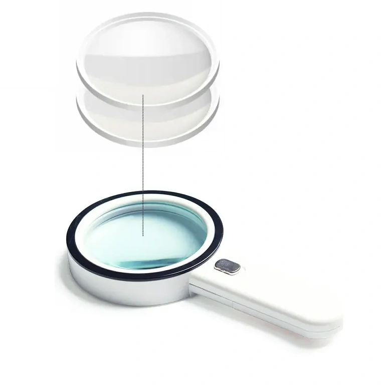 Magnifier with two stacked lenses for high magnification