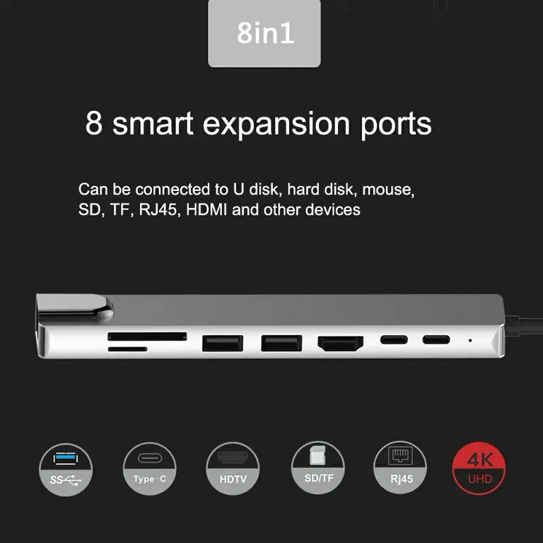 8-in-1 docking station with HDMI, RJ45, USB, and card reader