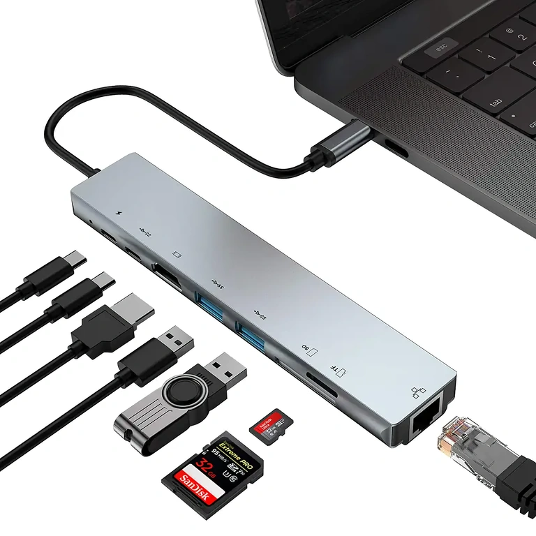 USB-C adapter with HDMI, RJ45, USB, and card reader for laptops