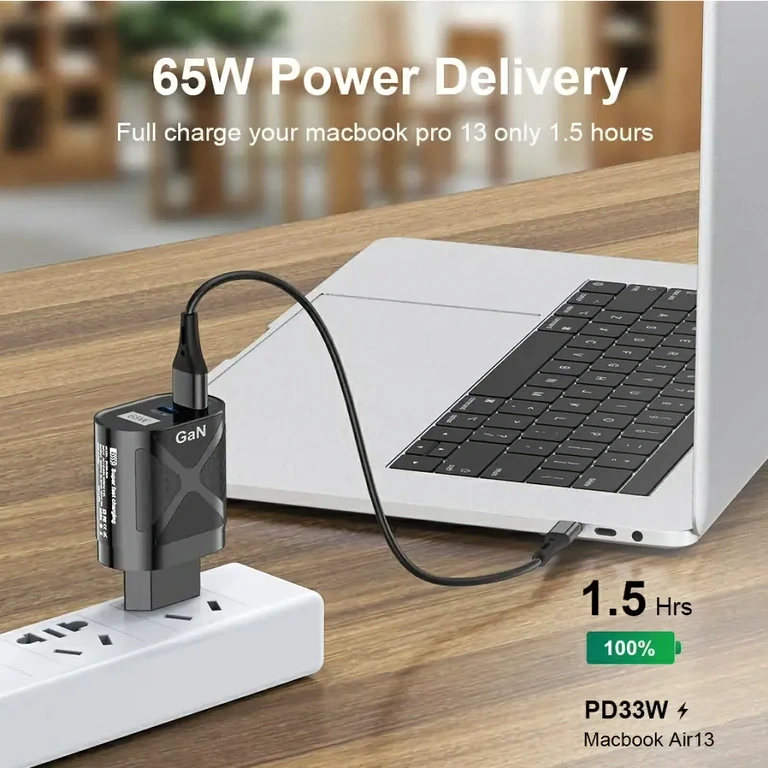65W charger compatible with phones, tablets, laptops, and consoles
