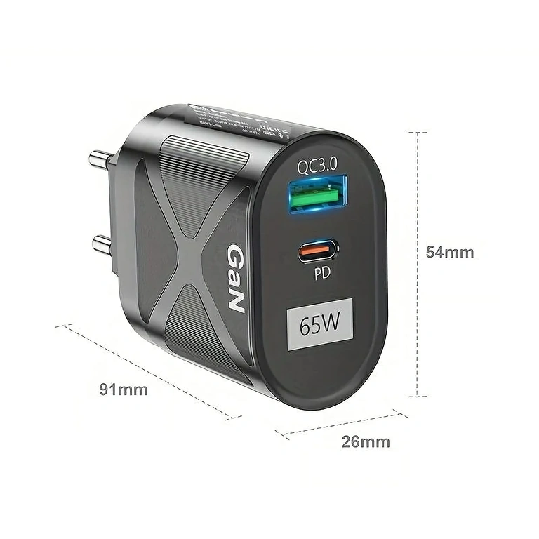 Compact dimensions of 65W fast charger: 54 x 91 x 26 mm