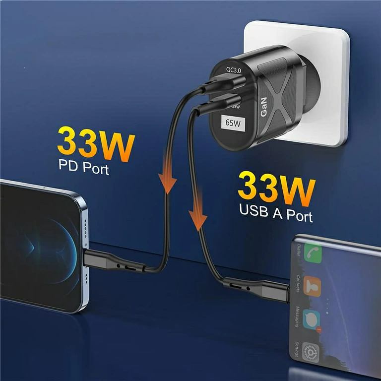 Compact GaN charger with USB-C and USB-A ports, ideal for travel