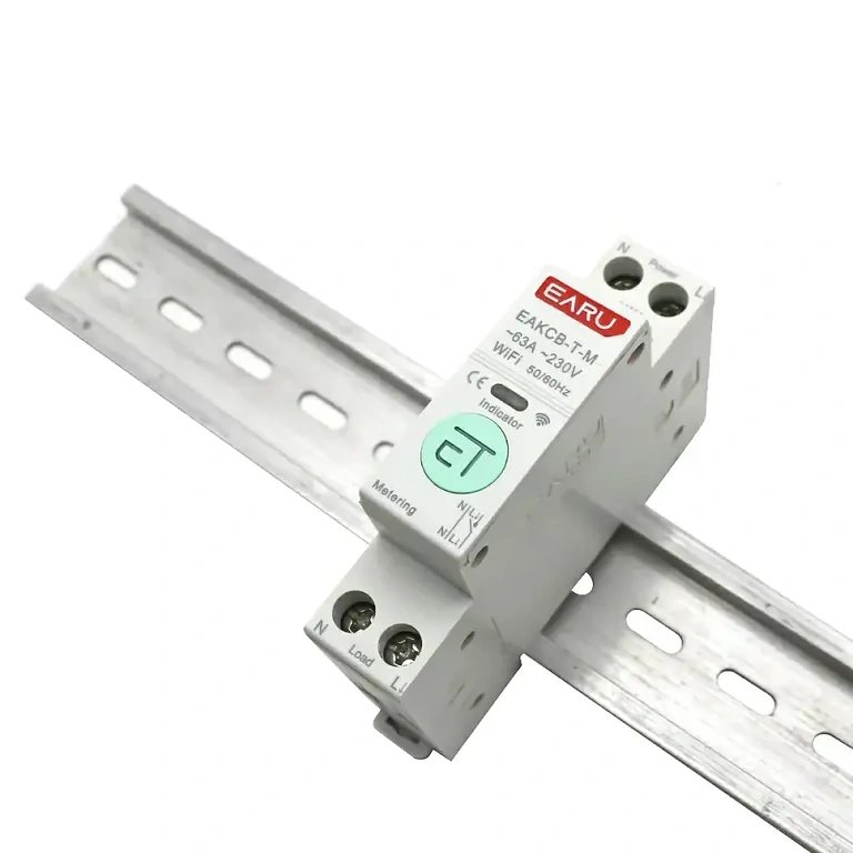 WiFi electric meter installed on DIN rail in electrical panel