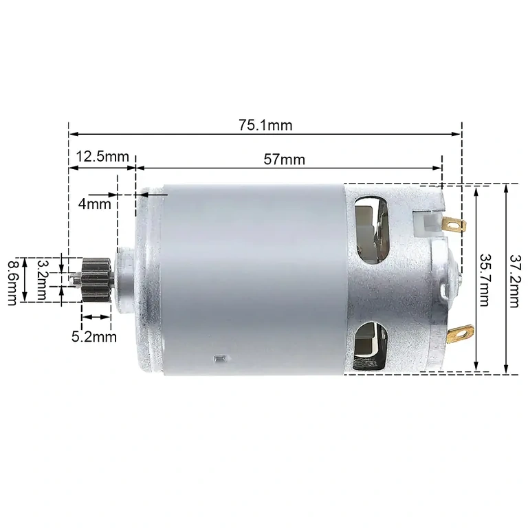 Dimensions of DC RS-550 motor, including diameter and length