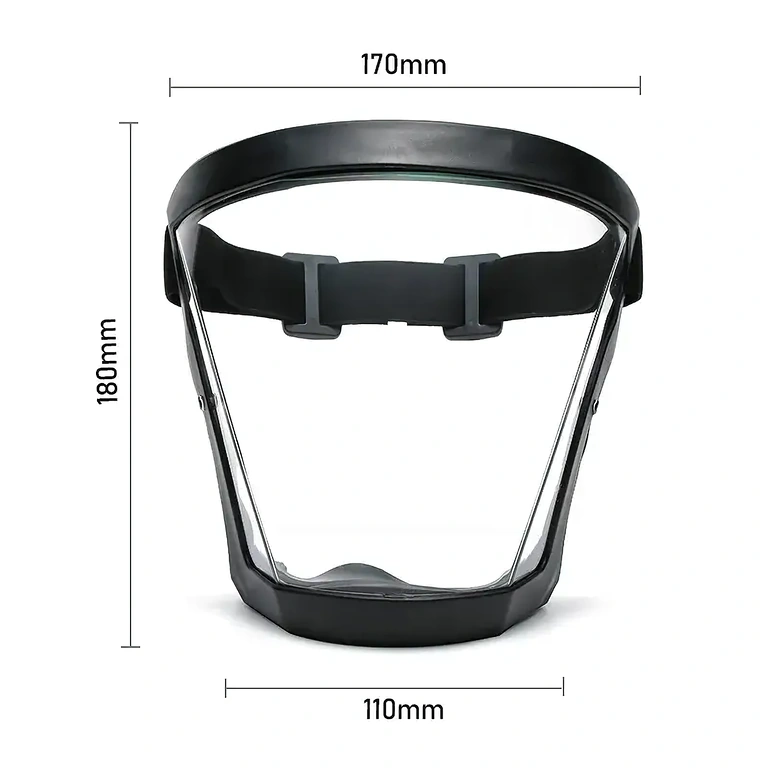 Dimensions of face protection mask with dust filter and transparent visor