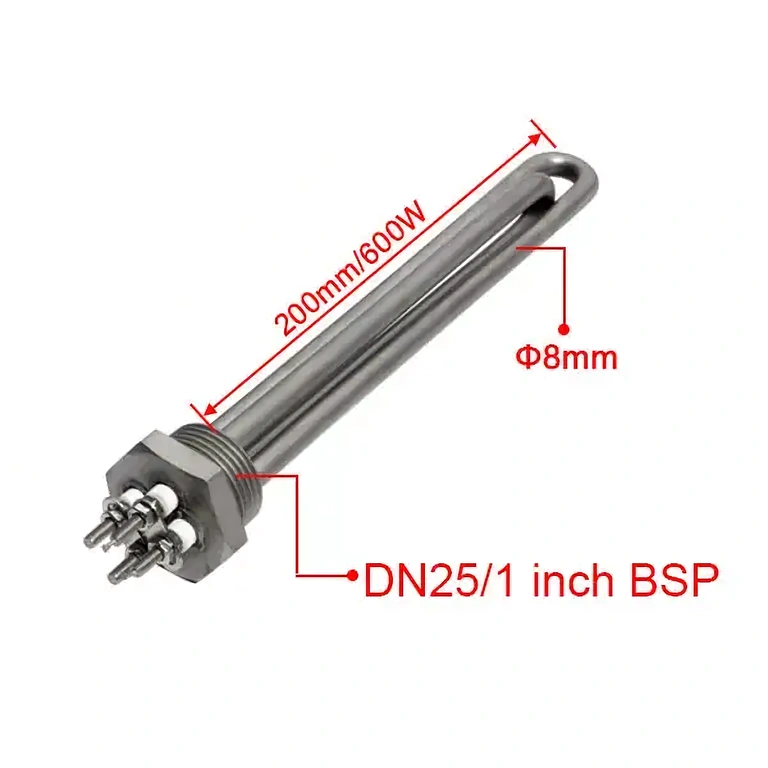 Image with technical specifications of SUS304 stainless steel heating element, 600W, 12V/24V