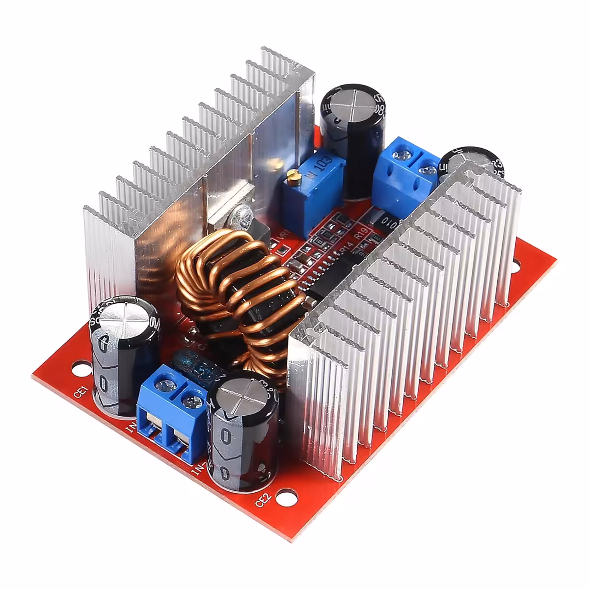 Side view of DC 400W Step-up Boost module, with current specification 15A and input DC 8.5V-50V, output DC 10V-60V