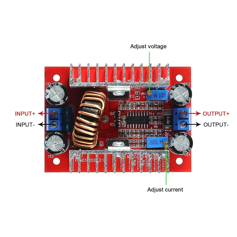 Connection diagram for DC 400W Step-up Boost Module Detailed wiring sketch for DC 400W Step-up Boost module