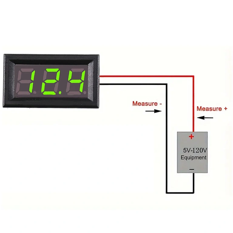 Electrical connection diagram for 5V-120V digital panel voltmeter, showing correct wiring for DC voltage measurement