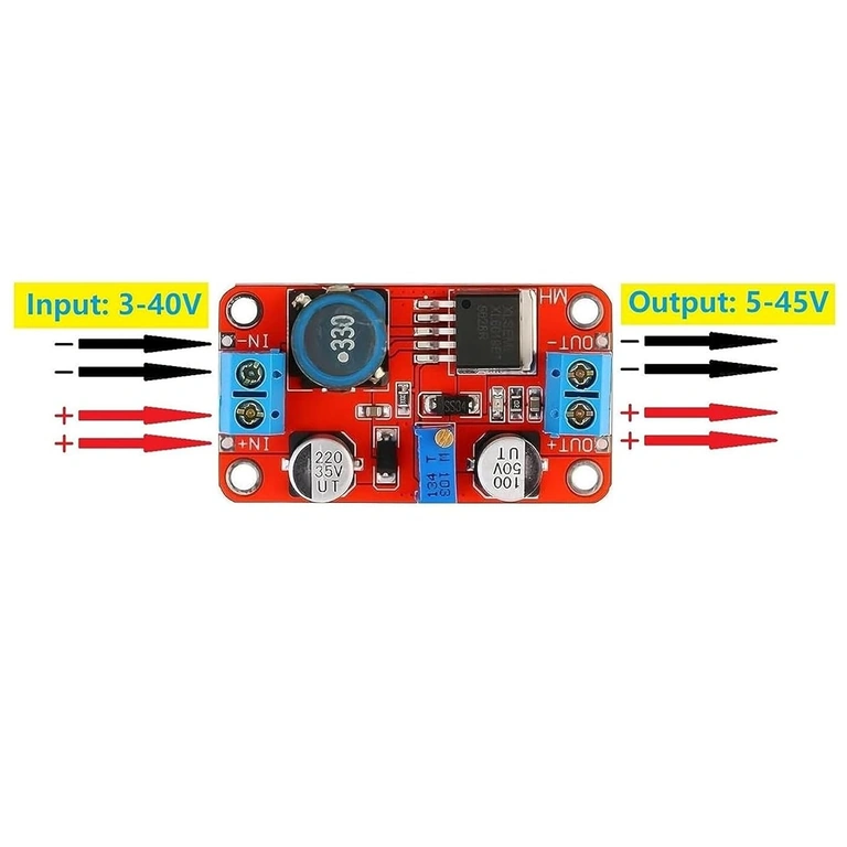 Wiring diagram of XL6019 DC-DC Boost Converter, showing inputs and outputs for easy installation