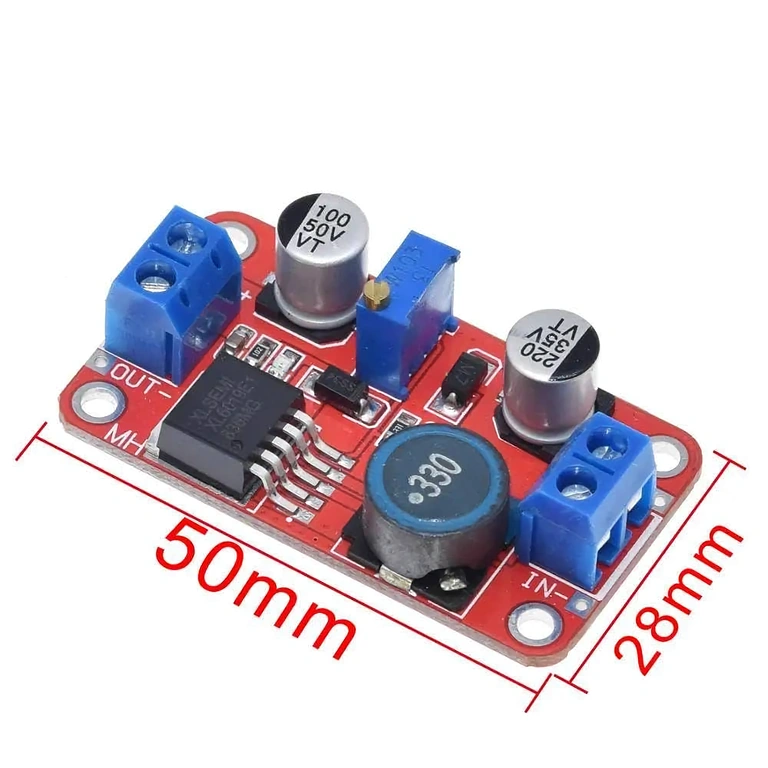 Dimensions of XL6019 DC-DC Boost Converter: 50mm x 28mm x 13mm, perfect for integration in various projects