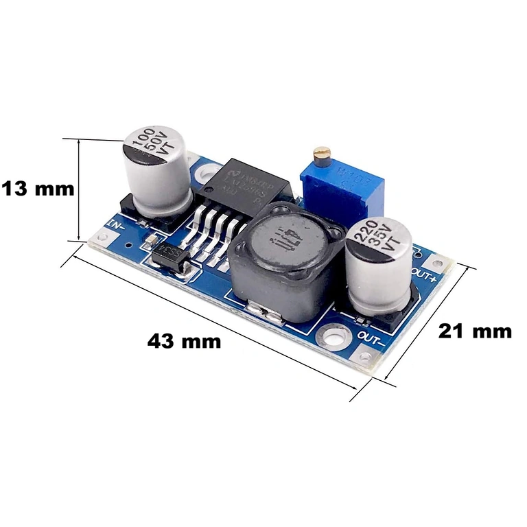 Dimensions of LM2596S 3A buck converter module: 43mm length, 21mm width, 14mm height