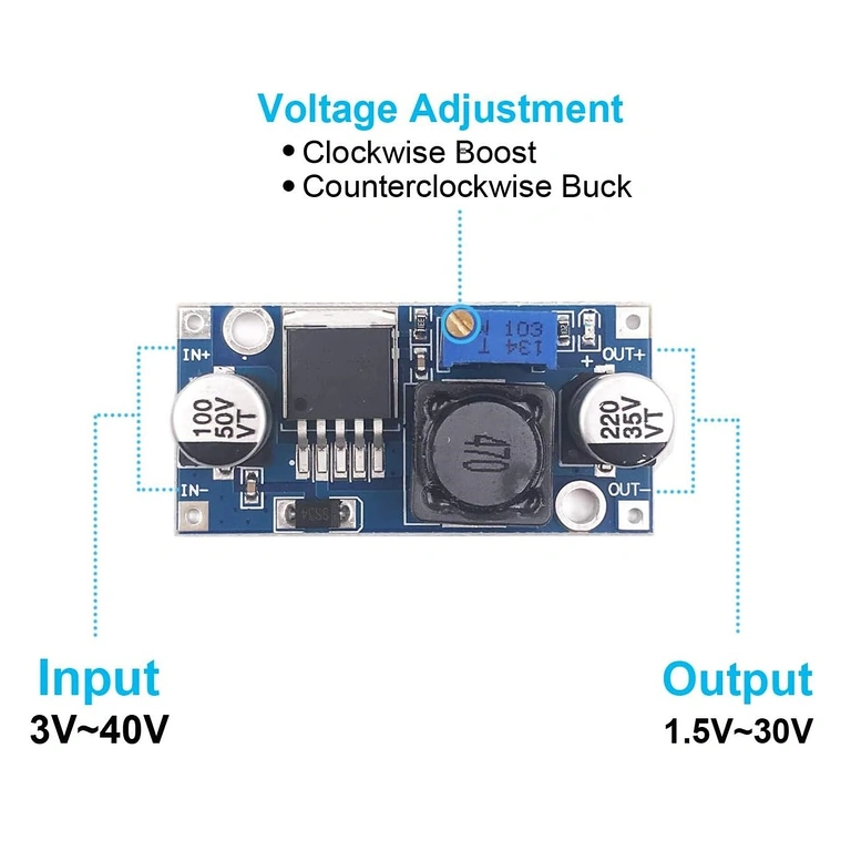 Wiring diagram for LM2596S DC-DC step-down module with adjustable voltage 1.25–35V
