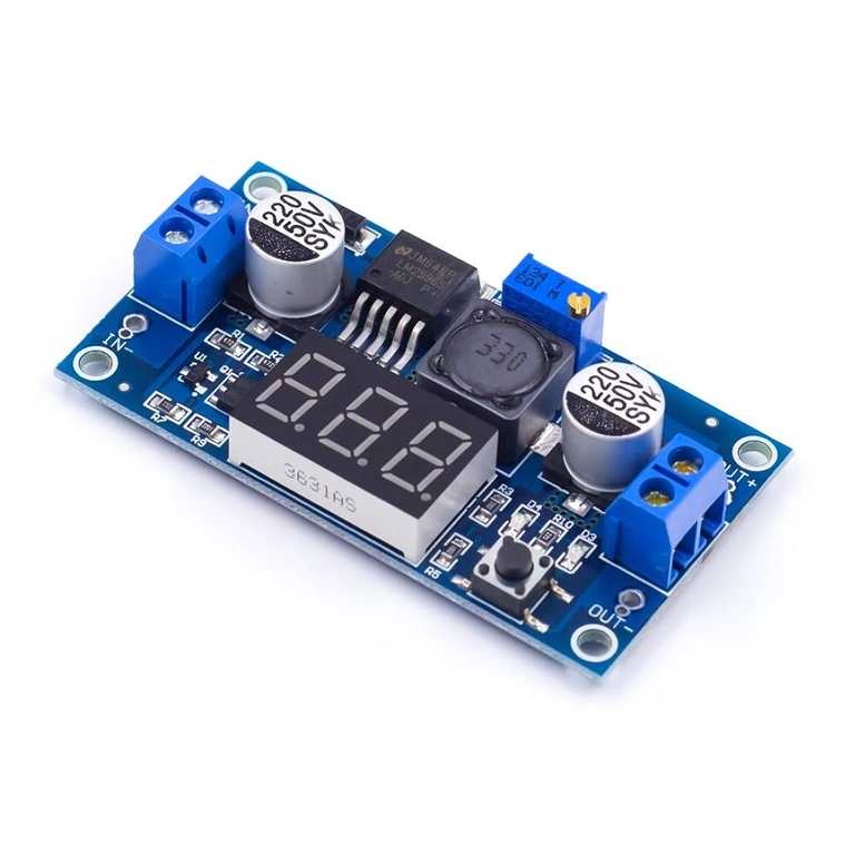 LM2596 module detail – close-up Close-up of LM2596 step-down module with display and voltage adjustment