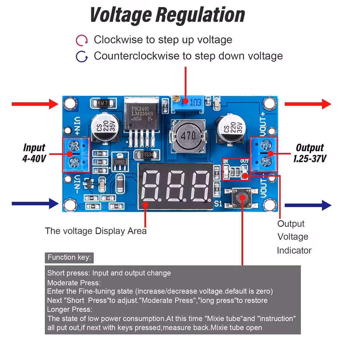 Example connection of power source and output on LM2596 module